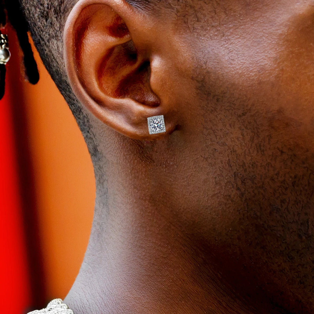 Square Halo Moissanite Stud Earrings in Sterling Silver — Square stud worn on the ear