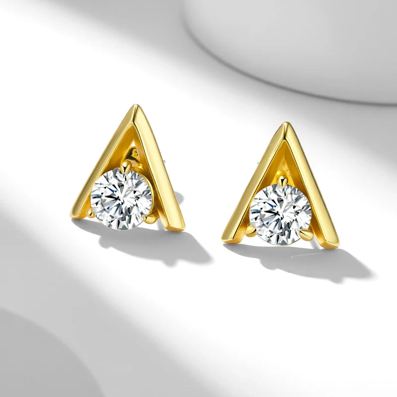 V-Shaped Moissanite Stud Earrings in Sterling Silver — Gold-tone geometric pair