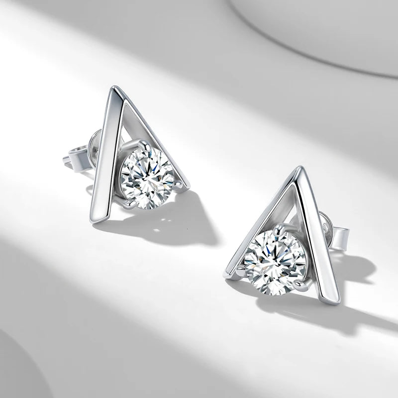 V-Shaped Moissanite Stud Earrings in Sterling Silver — Silver front and side