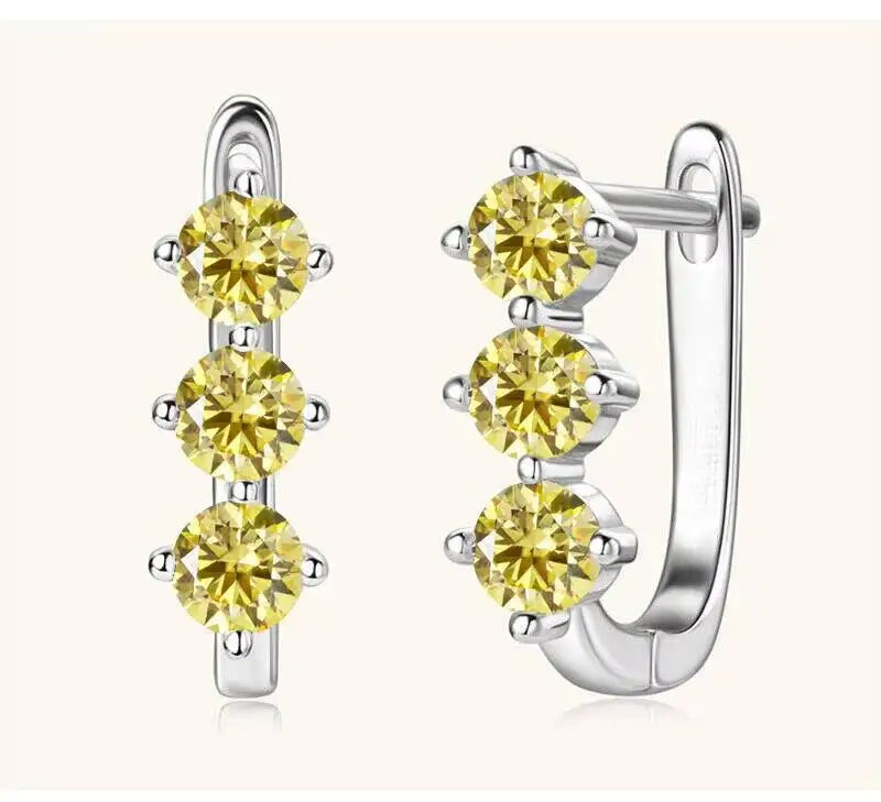 Colored Three-Stone Moissanite Hoop Earrings in Silver — Lemon yellow silver pair