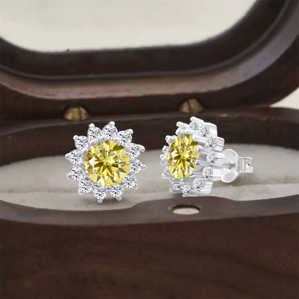 Moissanite Sunburst Halo Stud Earrings in Sterling Silver — Lemon Yellow — BandsCo Straps