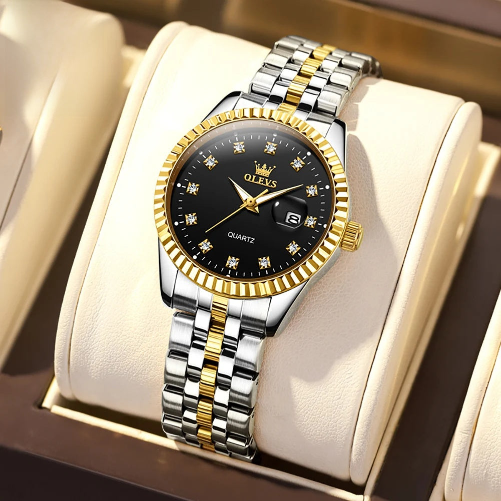 Women's 33mm Fluted Bezel Quartz Date Watch — Silver & Gold Tone / Black Dial
