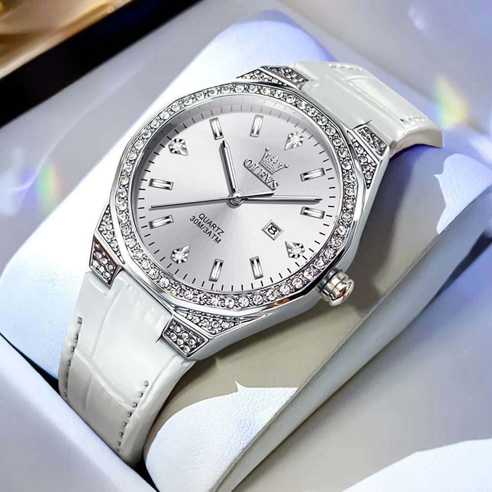 Women's Crystal Bezel Leather Date Watch — White / White Dial — BandsCo Straps