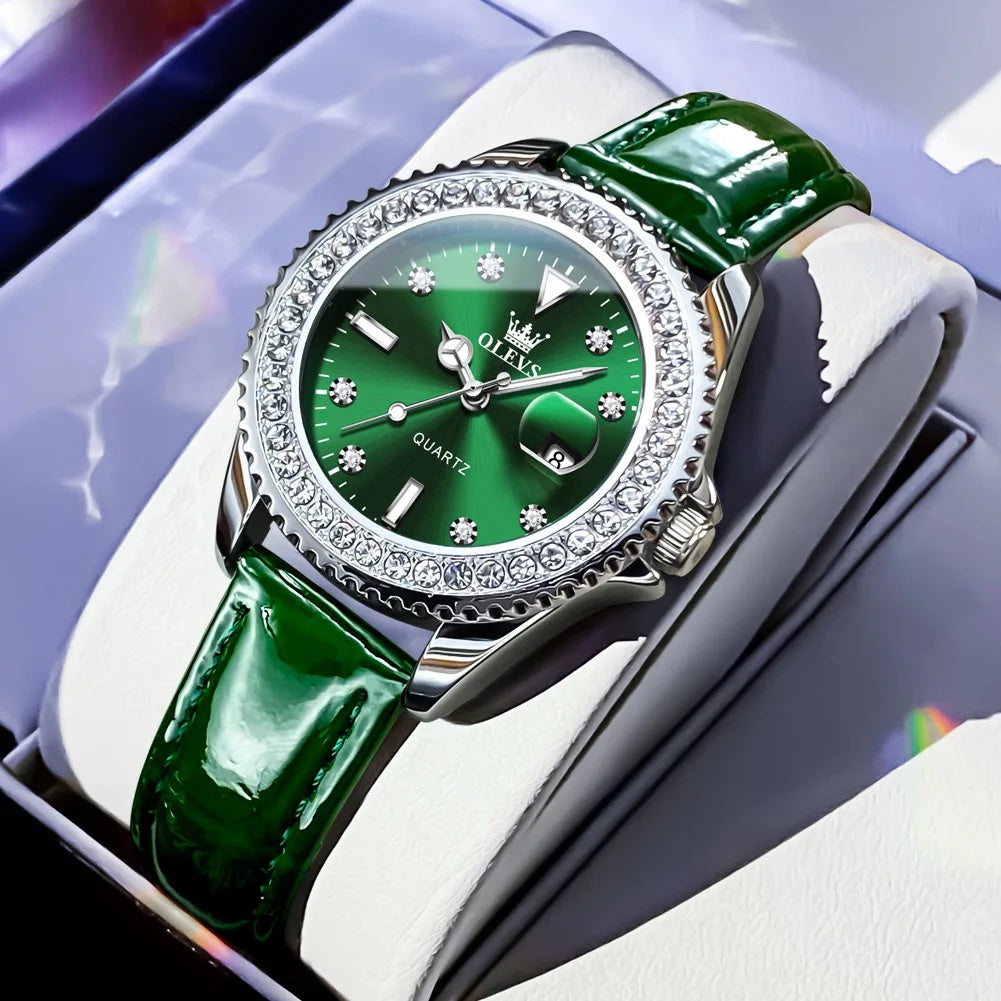 Women's Crystal Bezel Quartz Date Watch — Green Leather / Green Dial — BandsCo Straps
