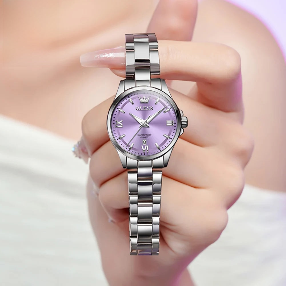 Women's Pastel Dial Stainless Steel Quartz Watch — Lavender watch held in hand — BandsCo Straps