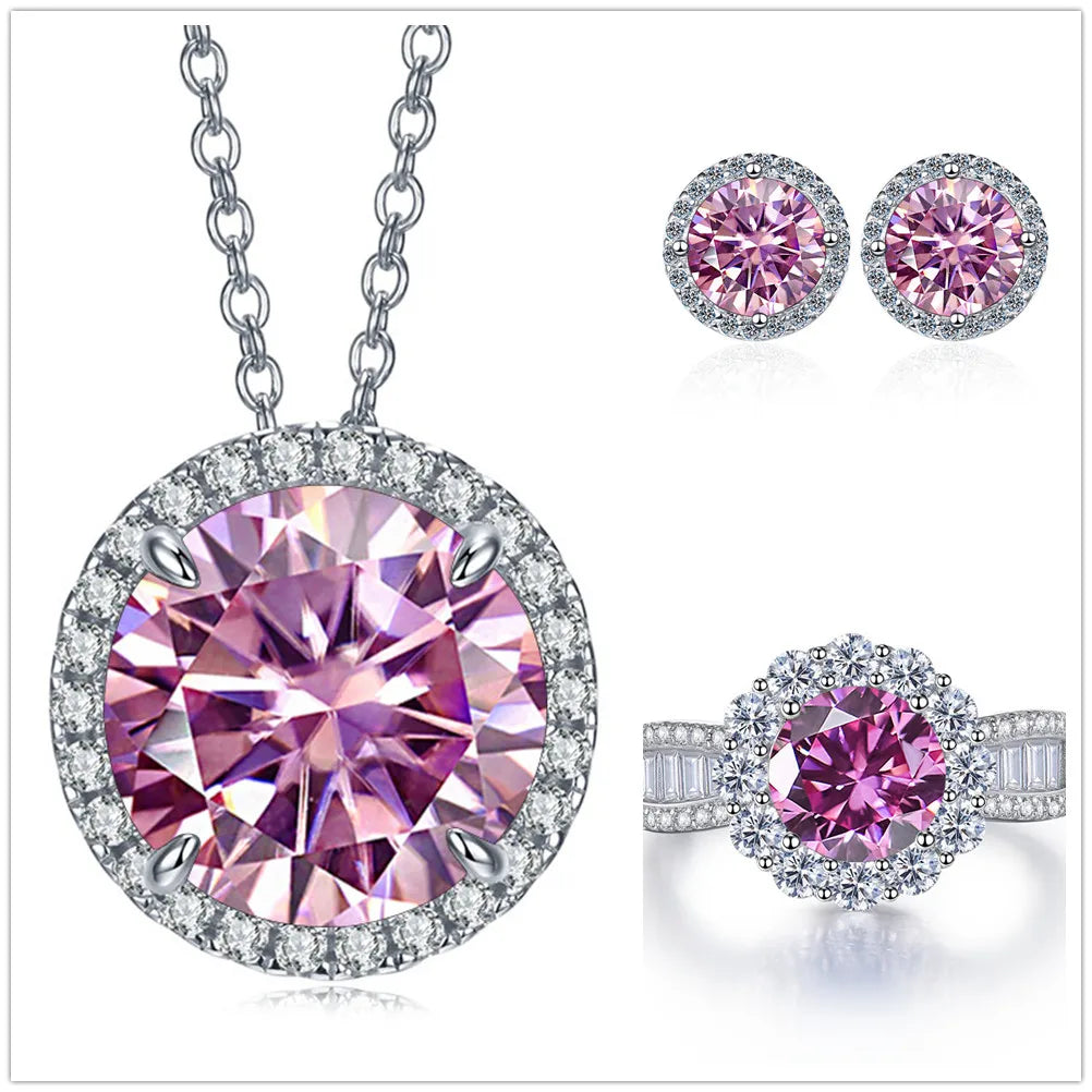 Statement Halo Moissanite Necklace, Earrings & Ring Set - Pink halo jewelry set