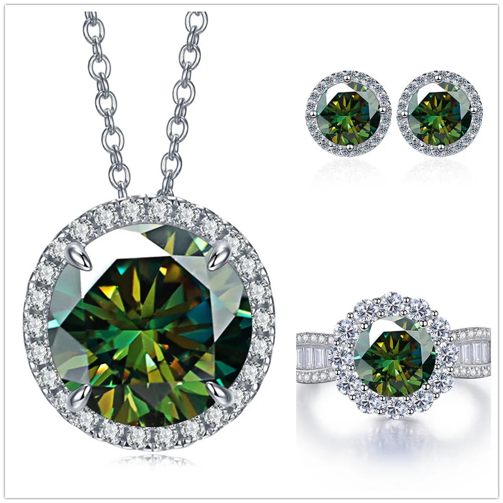 Statement Halo Moissanite Necklace, Earrings & Ring Set - Dark green halo set