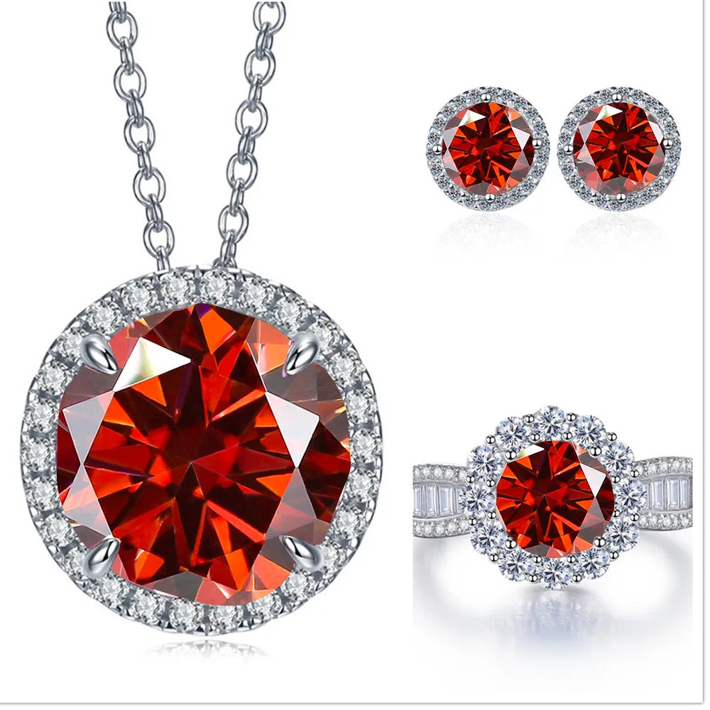 Statement Halo Moissanite Necklace, Earrings & Ring Set - Red halo set