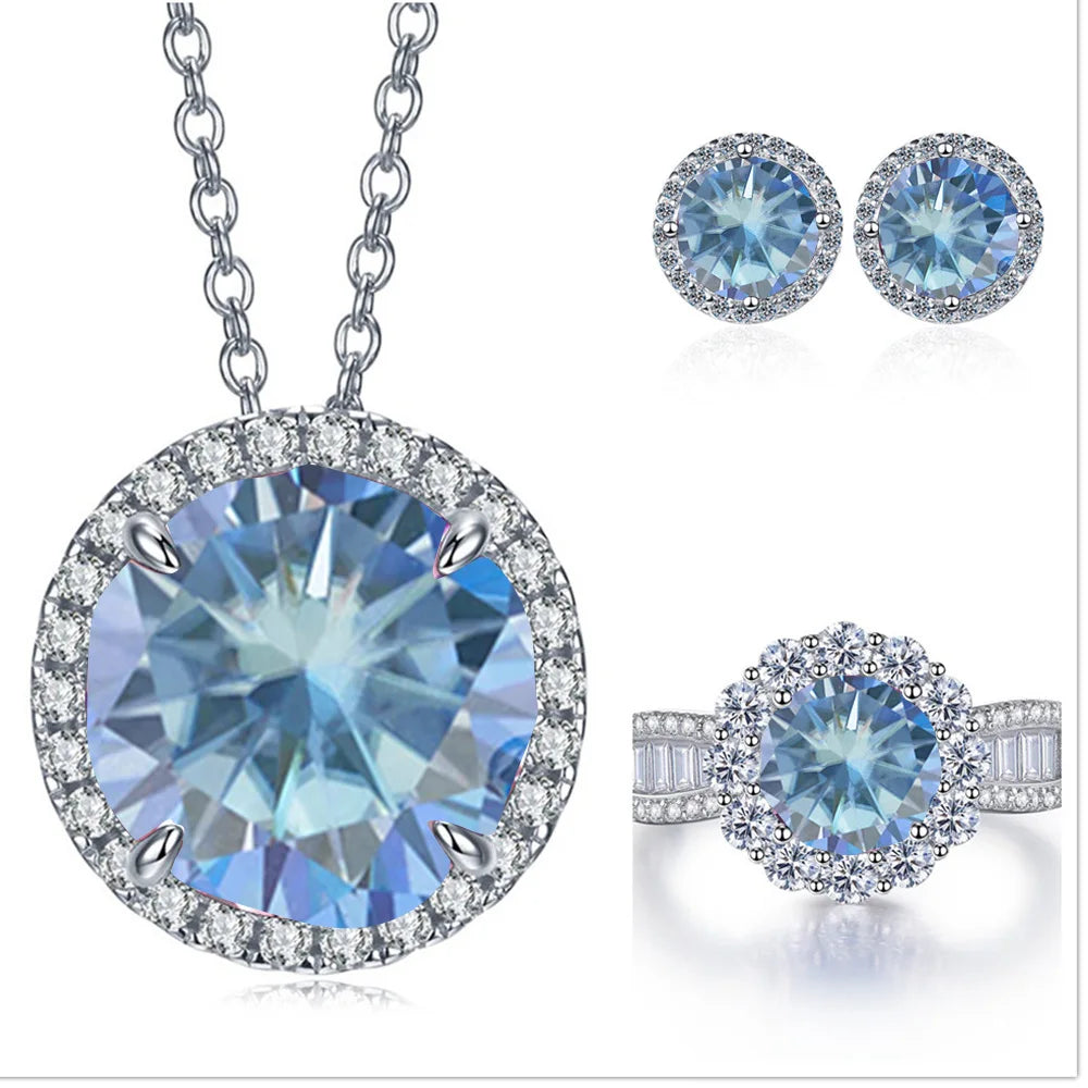 Statement Halo Moissanite Necklace, Earrings & Ring Set - Royal blue halo set