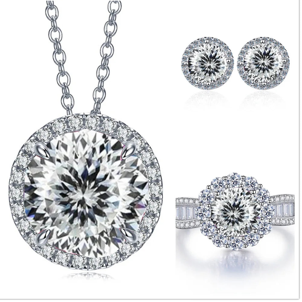 Statement Halo Moissanite Necklace, Earrings & Ring Set - White Love Cut halo set