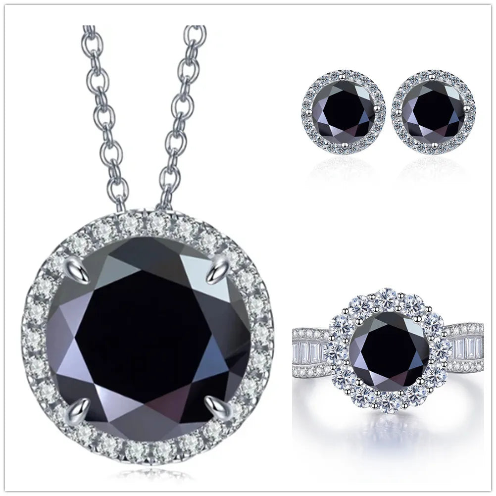 Statement Halo Moissanite Necklace, Earrings & Ring Set - Black halo set