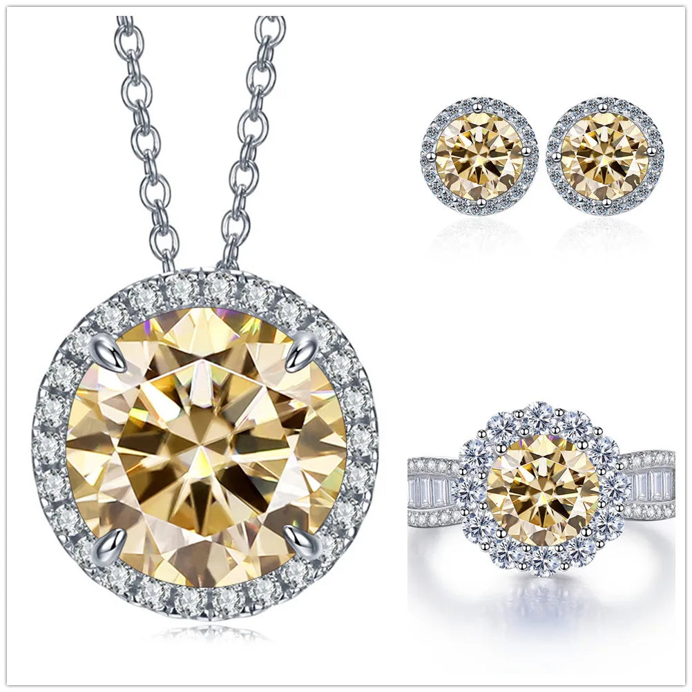 Statement Halo Moissanite Necklace, Earrings & Ring Set - Light yellow halo set