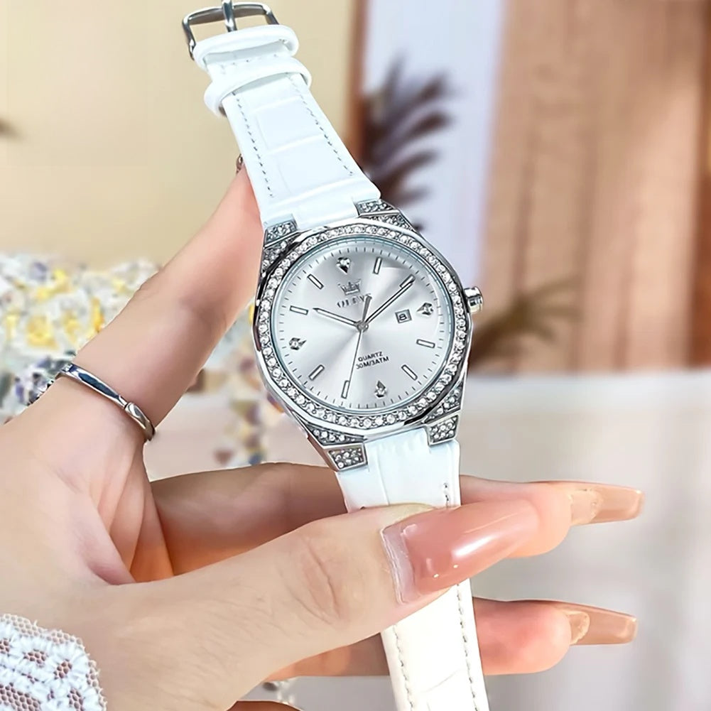Women's Crystal Bezel Leather Quartz Watch — White leather watch held in hand — BandsCo Straps