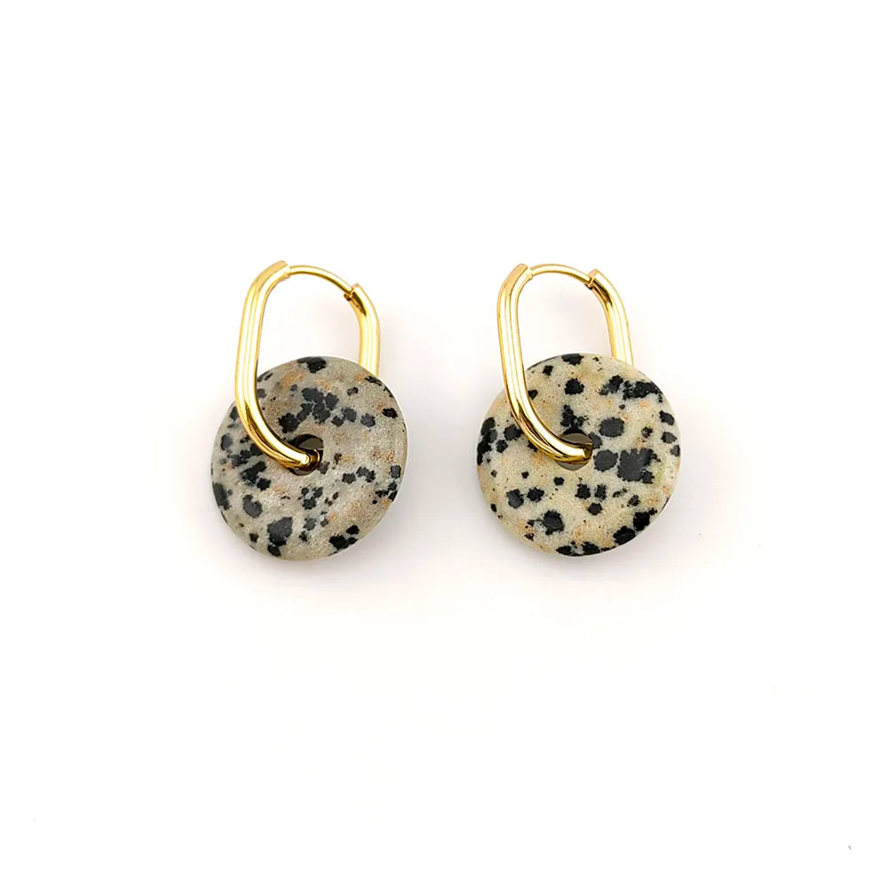 Leopard jasper disc hoop earrings, gold tone stainless steel