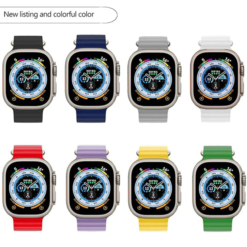 Colorful collection of Apple Watch with silicone straps in red, blue, grey, purple, yellow, and green.
