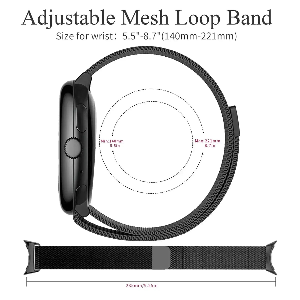 Mesh Pixel Watch loop wrist-size and strap length diagram