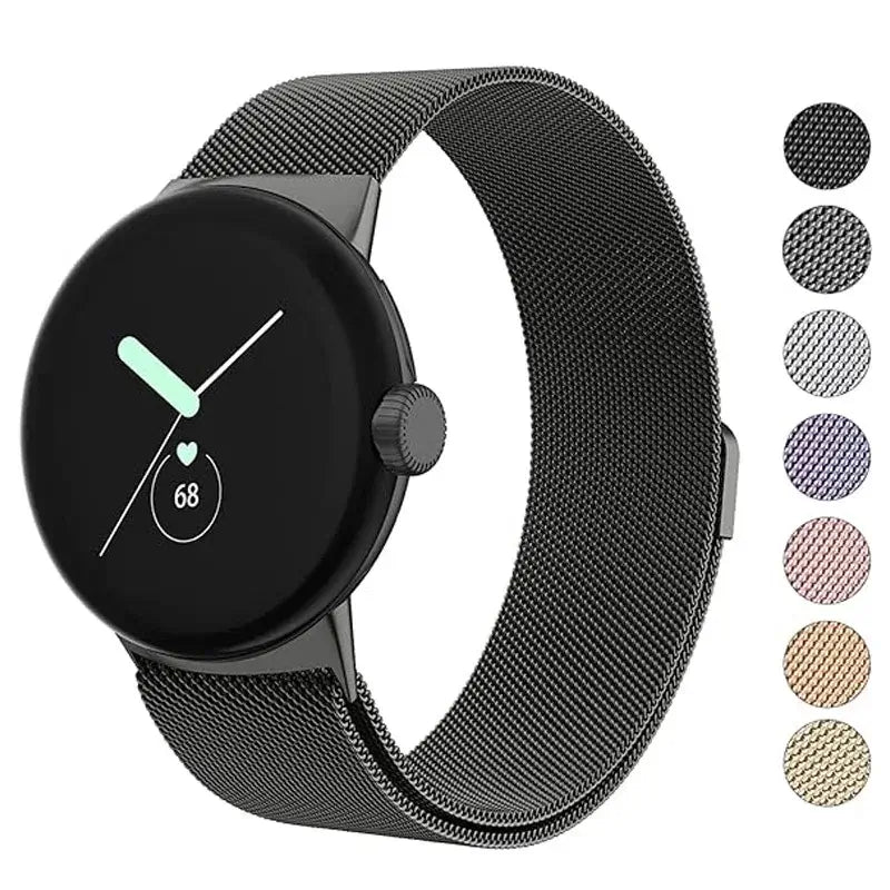 Black Milanese mesh Pixel Watch band with finish swatches