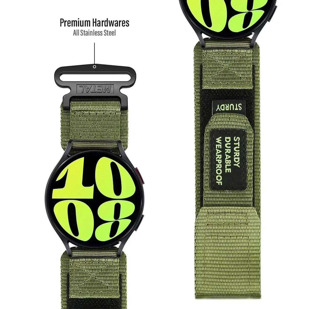 Olive nylon band metal loop and label details for COROS – BandsCo Straps