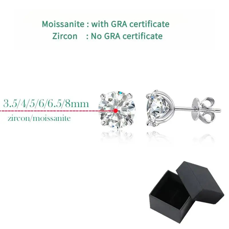 Four-Prong Moissanite Solitaire Stud Earrings in Silver — Stone size and packaging guide