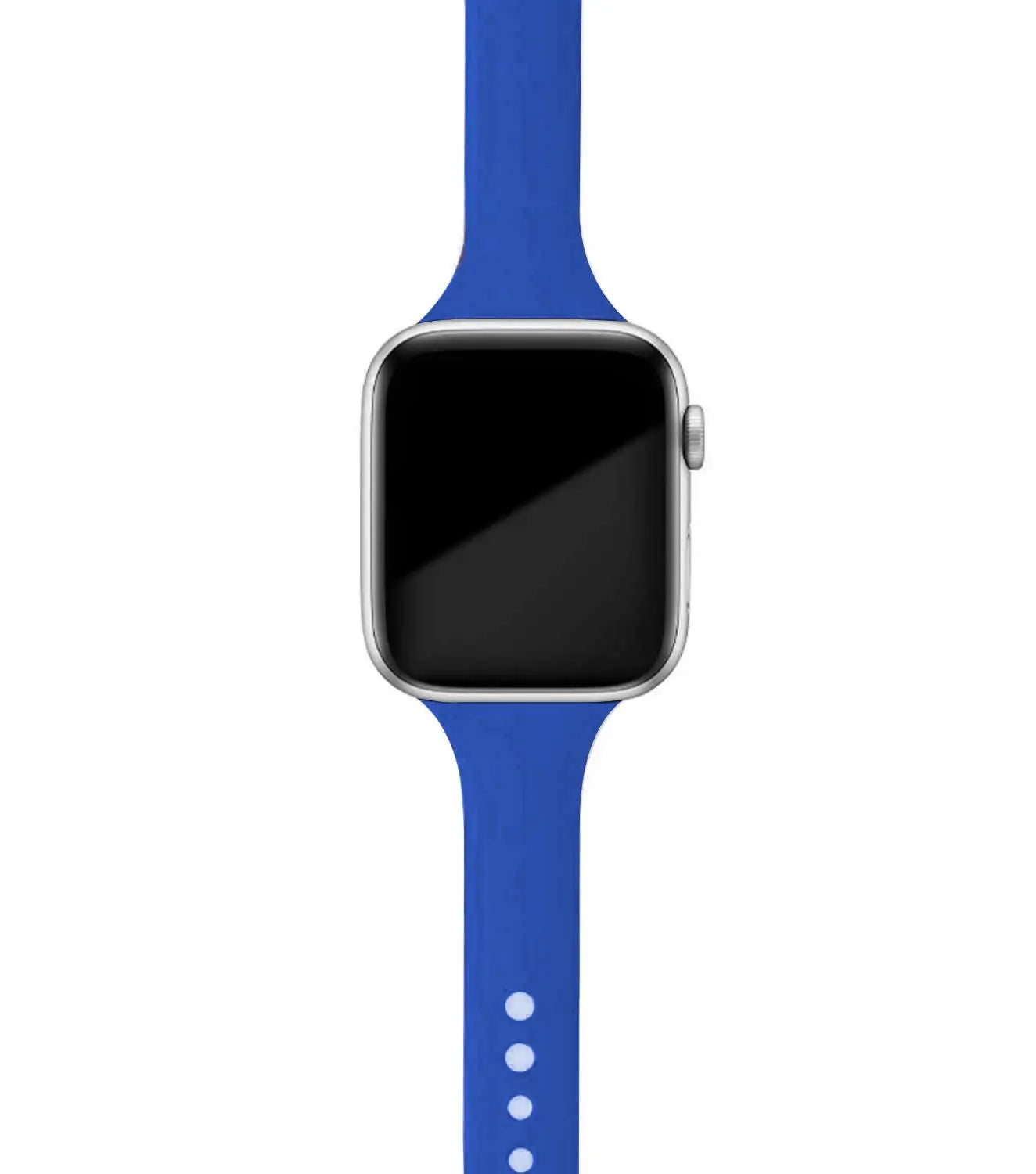 Apple Watch with blue silicone band, soft and comfortable, perfect for daily wear and versatile styling.