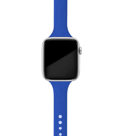 Apple Watch with blue silicone band, soft and comfortable, perfect for daily wear and versatile styling.