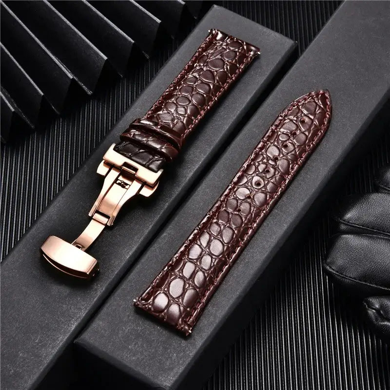 Samsung Galaxy Watch Crocodile-Pattern Leather Clasp Band in Brown / Rose Gold Clasp