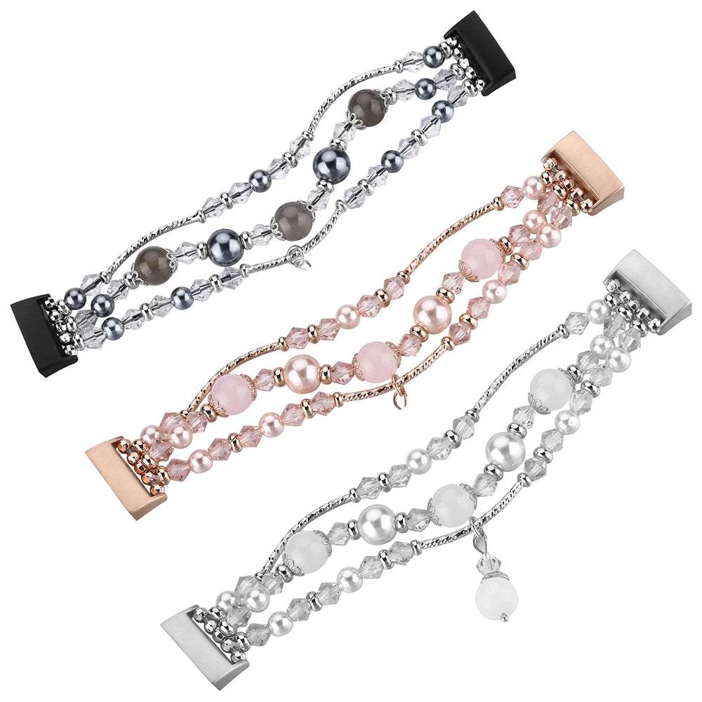 Fashion beaded straps for Fitbit Charge, featuring elegant designs in silver and rose gold, perfect for smartwatches.