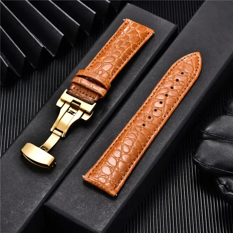 TicWatch Crocodile-Pattern Leather Clasp Band - Cognac / Gold Clasp