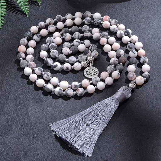 Pink Zebra Jasper Mala Necklace, 108 Beads