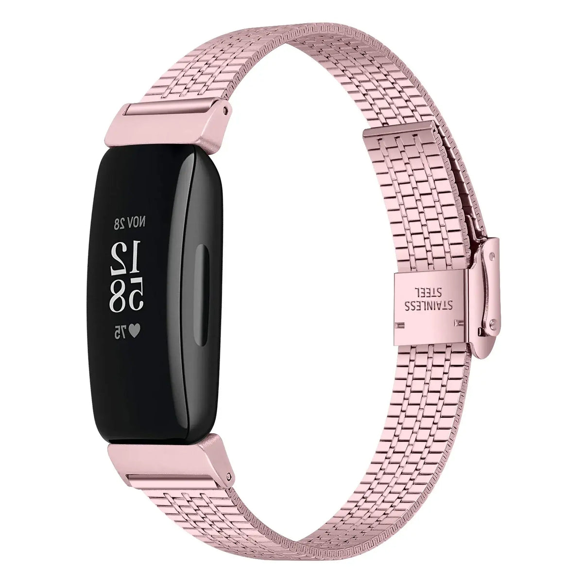 Fitbit Inspire 1/2/HR Fine-Link Steel Clasp Band - Rose pink bracelet angled view