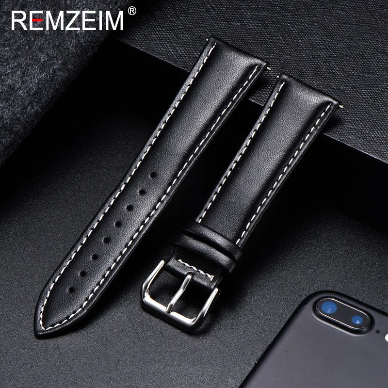 Polar Calfskin Leather Watch Band with Silver Buckle — Black leather with white stitching