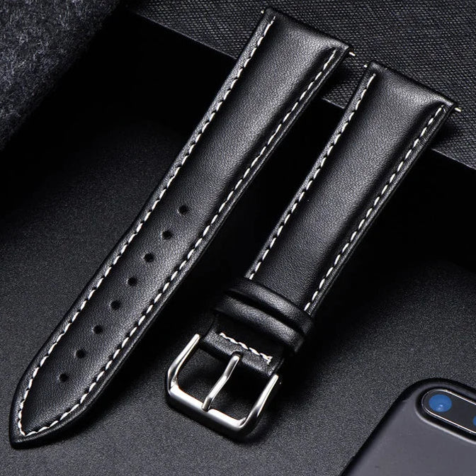 COROS Calfskin Leather Watch Band with Silver Buckle - Black leather with white stitching