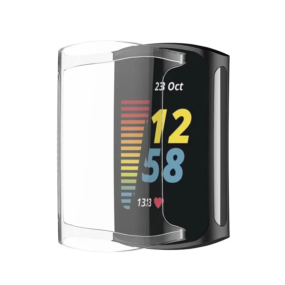 Screen protector case for Fitbit Charge 5 and Charge 6 displaying fitness tracker interface. Durable and stylish design.