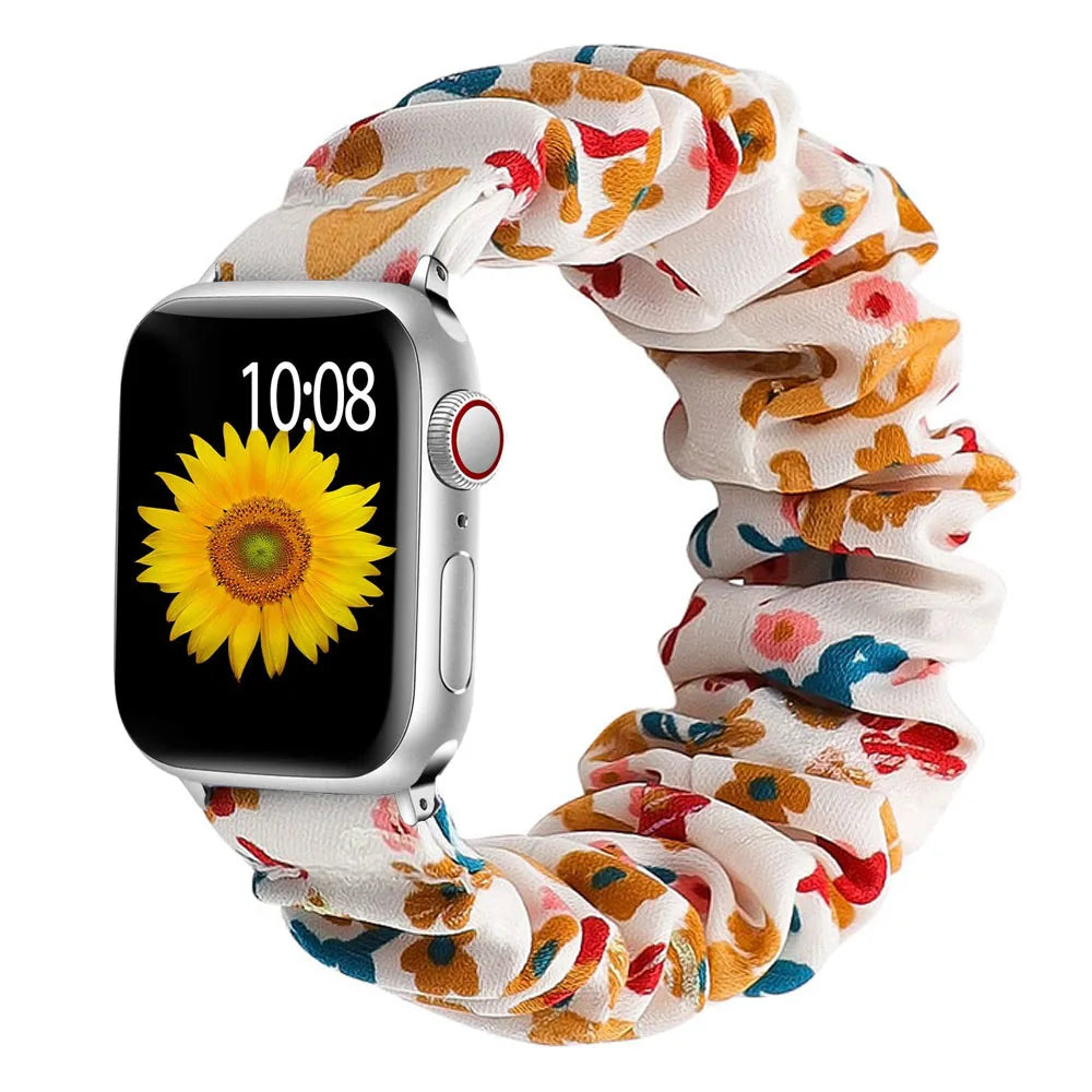 Apple Watch Scrunchie Strap in soft elastic nylon with floral design, offering comfort and style for smartwatches.