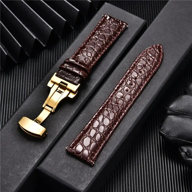 TicWatch Crocodile-Pattern Leather Clasp Band - Dark Brown / Gold Clasp