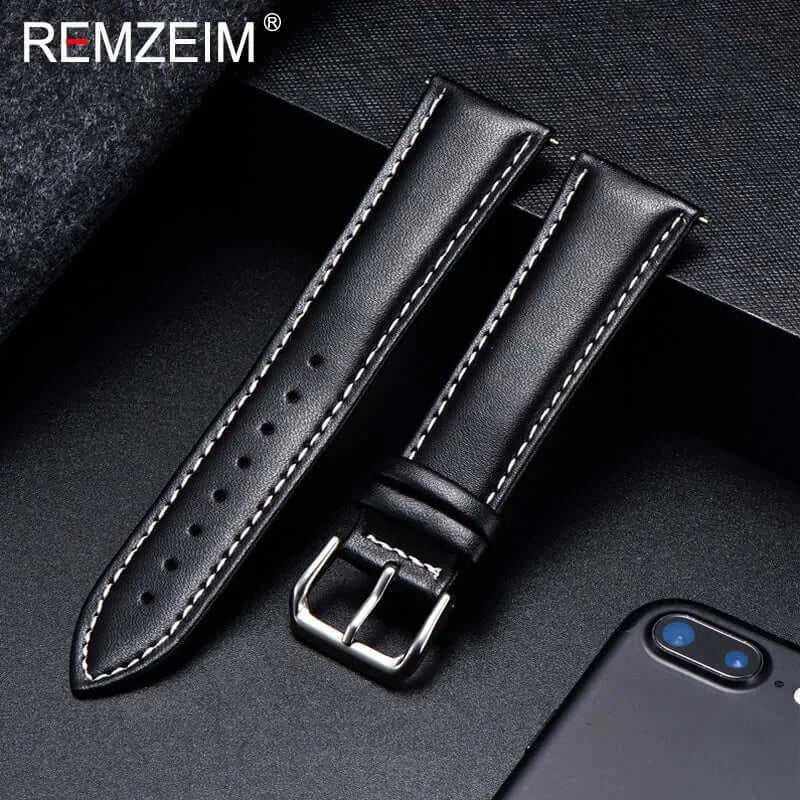Samsung Galaxy Watch Smooth Stitched Leather Strap in Black / White Stitching