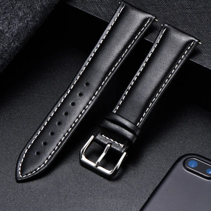 COROS Calfskin Leather Watch Band with Silver Buckle - Black / White Stitching