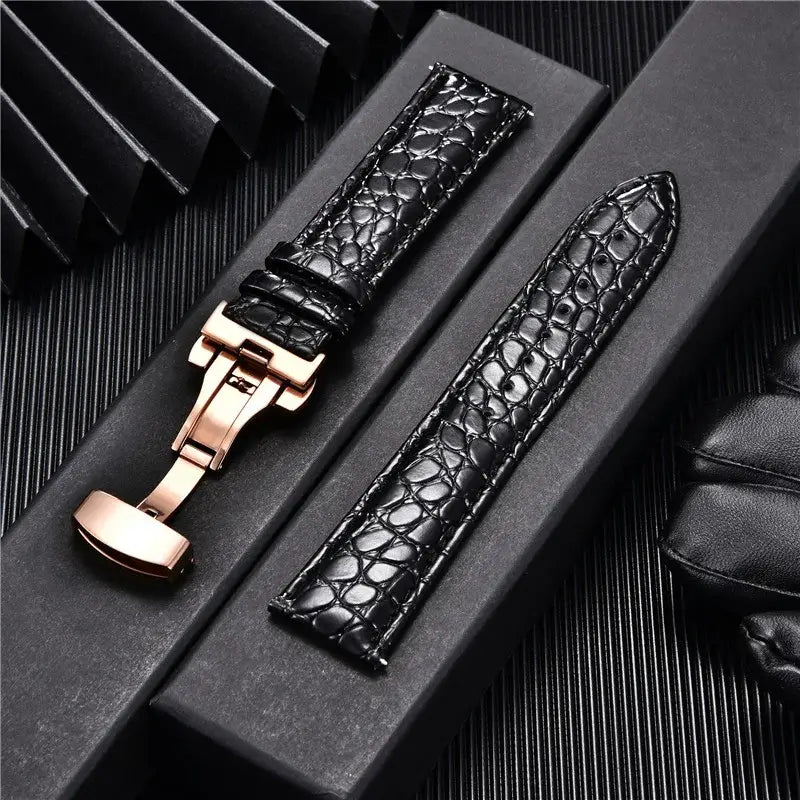 TicWatch Crocodile-Pattern Leather Clasp Band - Black / Rose Gold Clasp