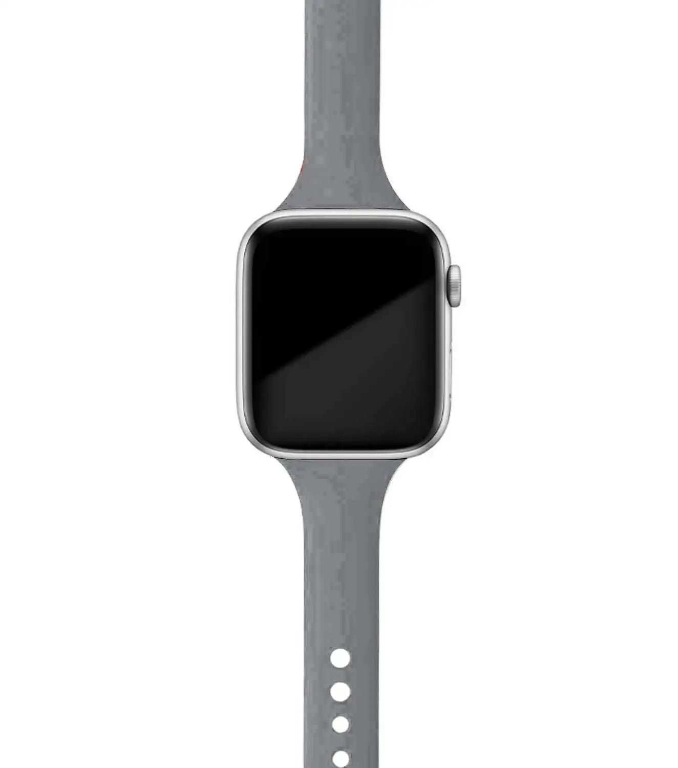 Apple Watch with a gray silicone band, showcasing a modern and stylish design for everyday wear.