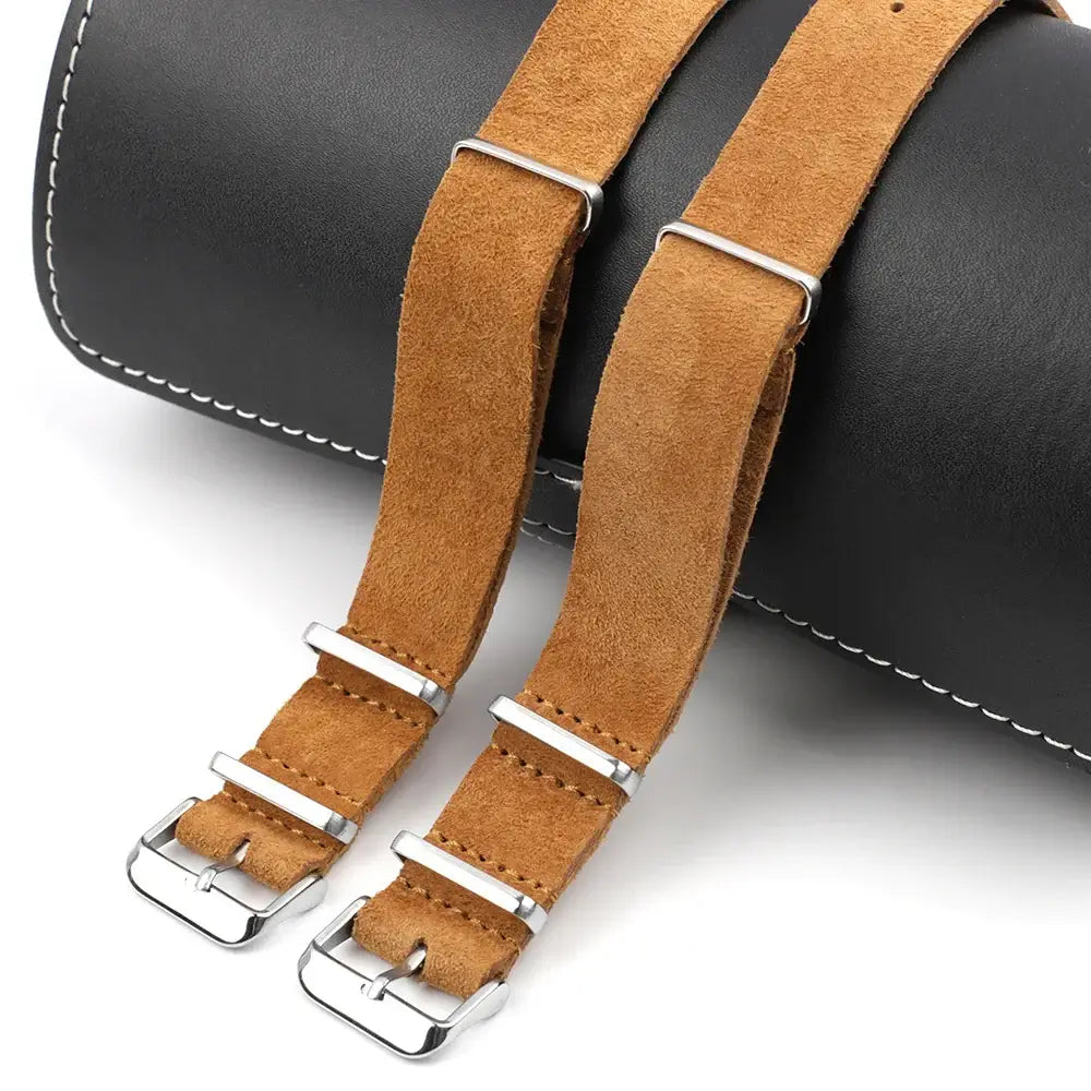 Brown suede straps showing back and front
