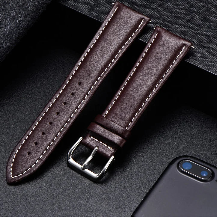 Motorola Moto Watch Band, Soft Calfskin Leather Strap, Steel Buckle on display with a dark background.