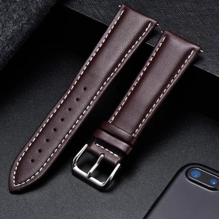 COROS Calfskin Leather Watch Band with Silver Buckle - Dark Brown / White Stitching