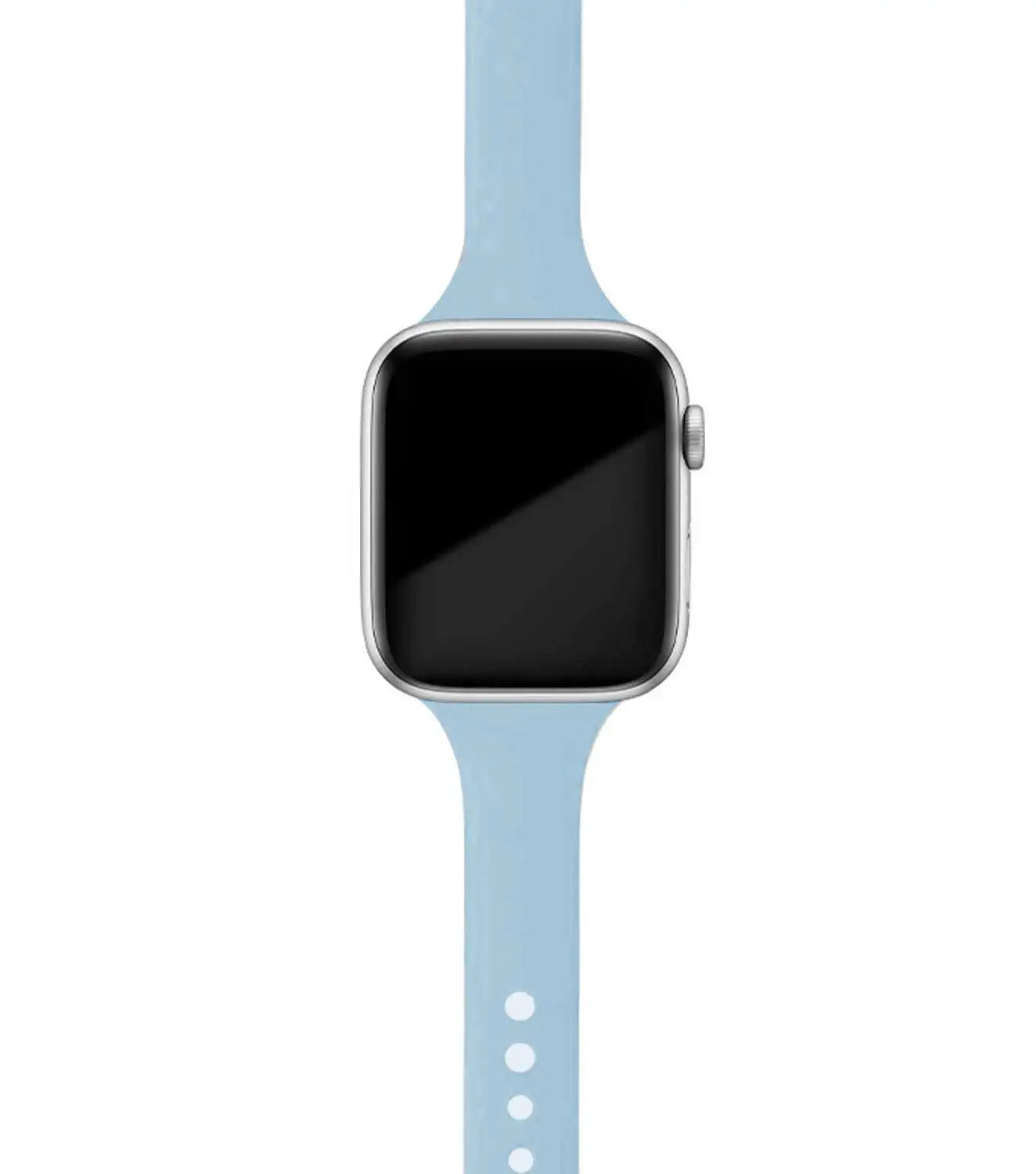 Apple Watch with a light blue silicone band, showcasing its soft and comfortable design for everyday wear.