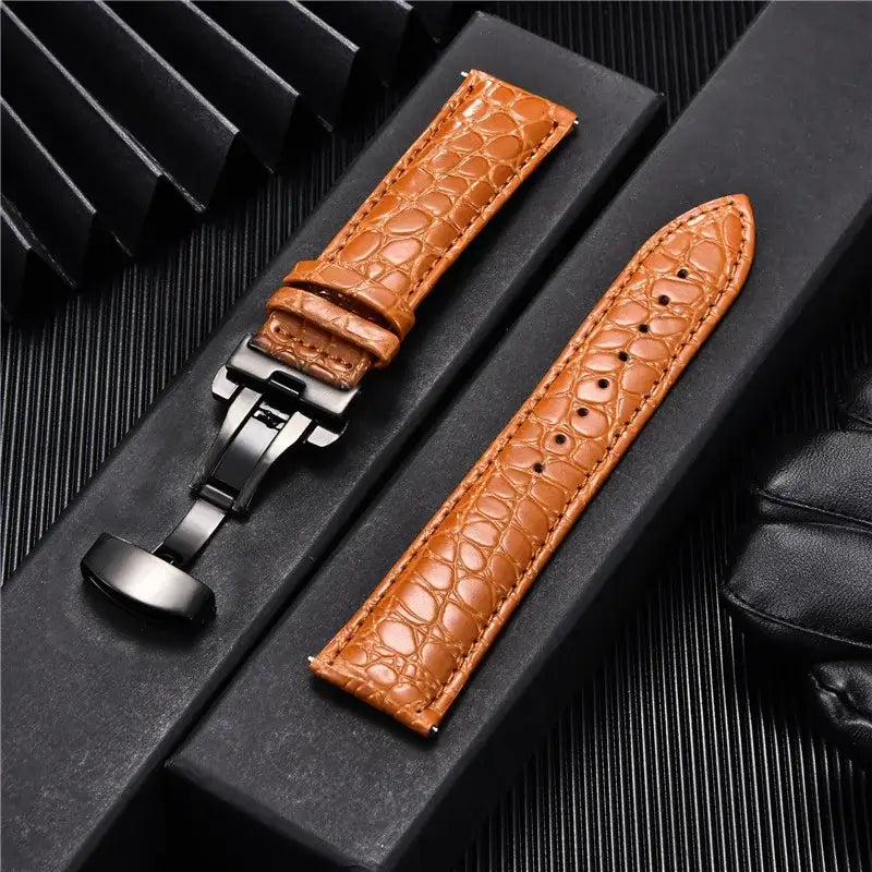 Samsung Galaxy Watch Crocodile-Pattern Leather Clasp Band in Orange Brown / Black Clasp