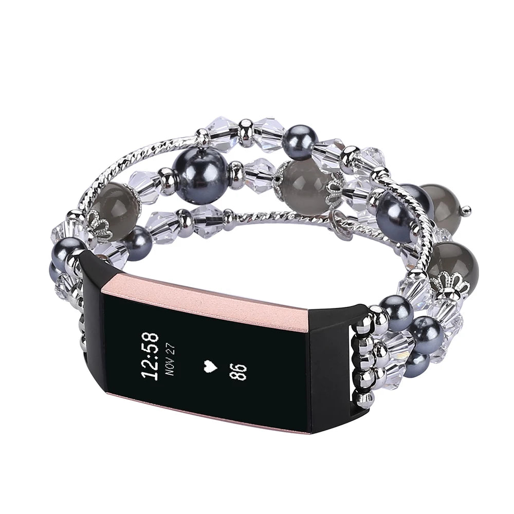 Fashion beaded strap for Fitbit Charge 6, 5, 4, 3, stylish smartwatch band that combines elegance and comfort.