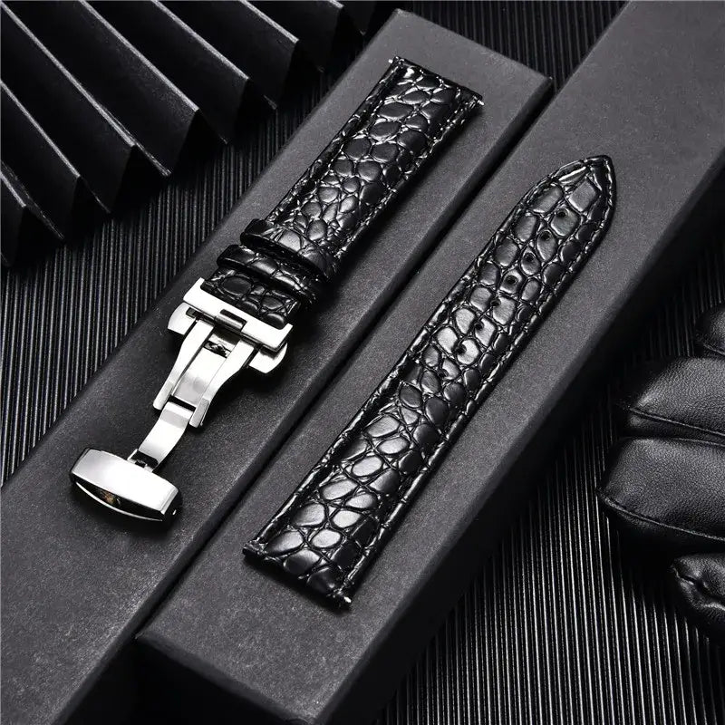 Crocodile-Pattern Leather Clasp Band in Black / Silver Clasp for compatible Huawei watches