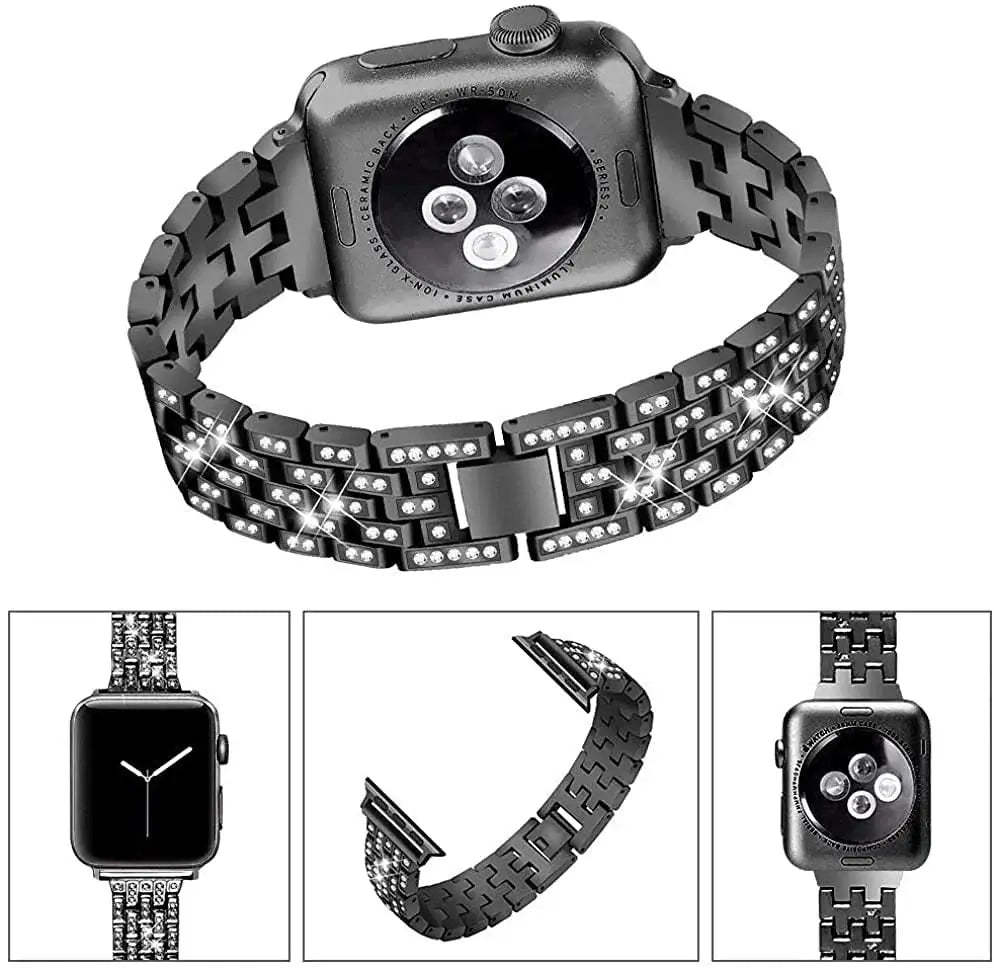Black rhinestone Apple Watch bracelet showing folding clasp and multiple angles