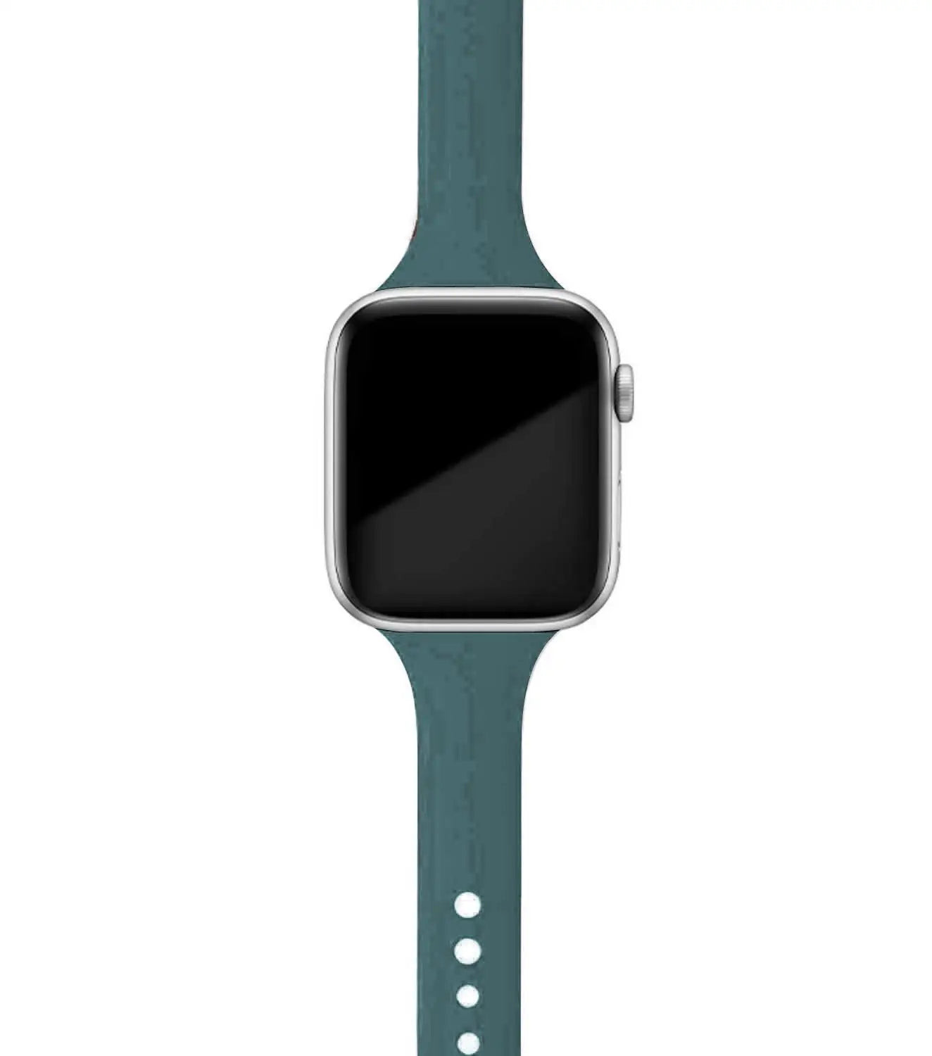 Apple Watch with teal silicone band, showcasing its soft and comfortable design for everyday wear.