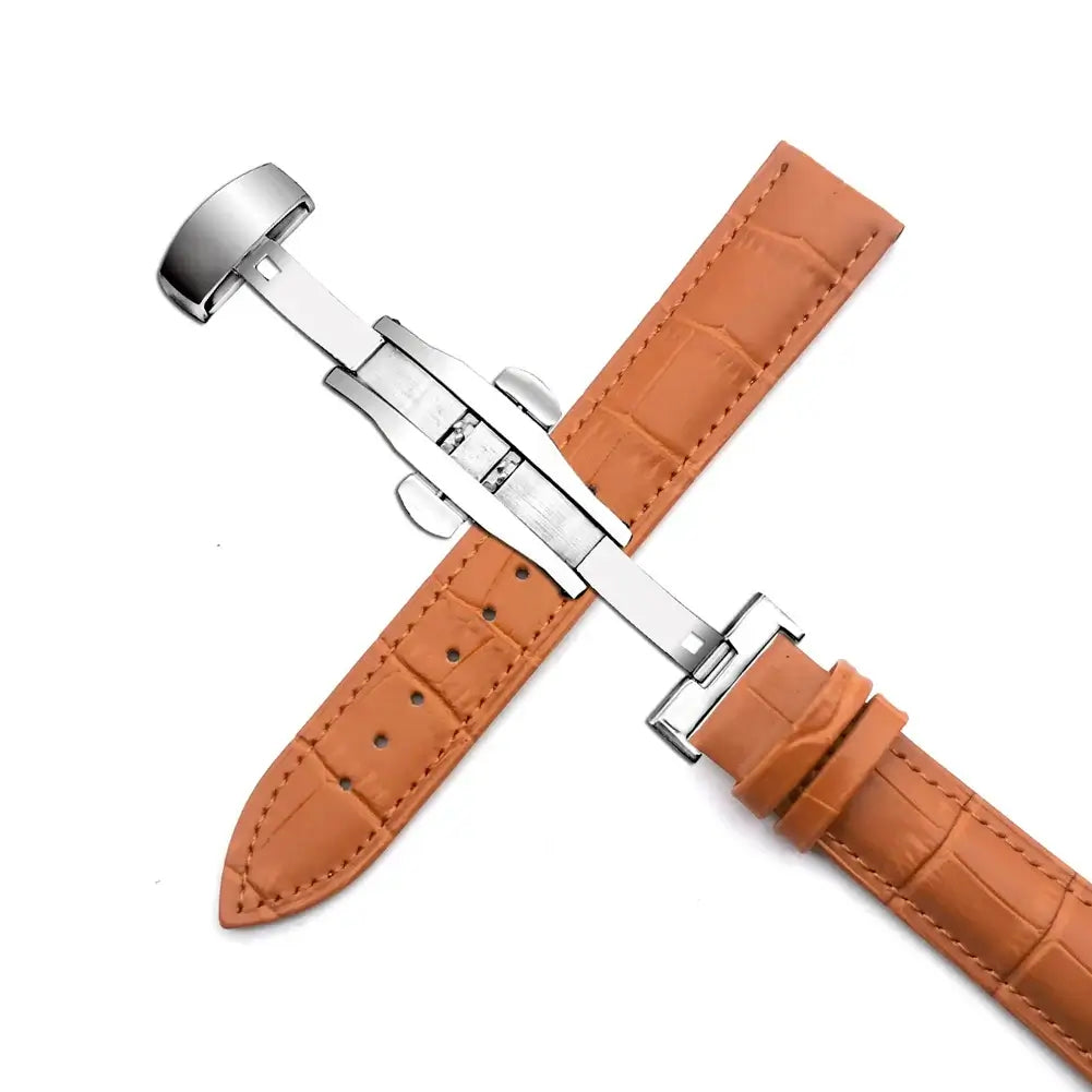 Samsung Galaxy Watch Embossed Leather Butterfly-Clasp Band in Light Brown / Silver Clasp