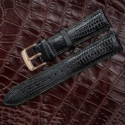 Black leather strap for Ticwatch, featuring adjustable sizing and a gold buckle for a stylish fit.
